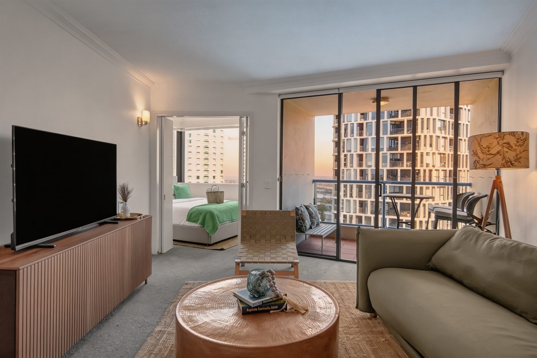 Guest-ready living space at Mantra 2201 in Brisbane